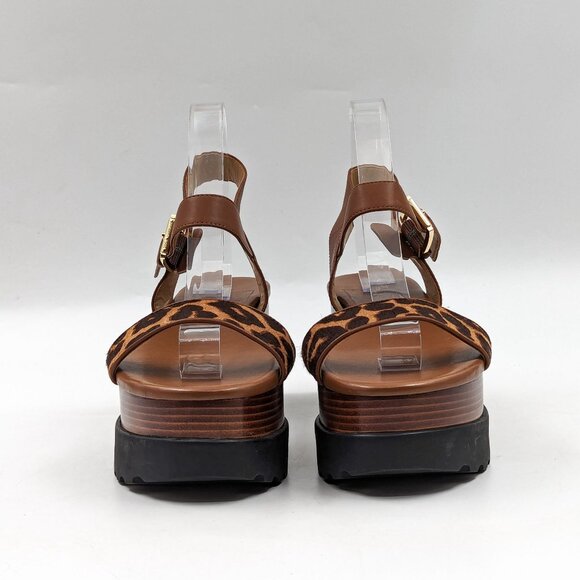Michael Kors Wmn Marlon Haircalf Leather Brown Platform Buckle Sandals size 8.5 - Picture 2 of 10